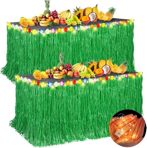 Aneco 2 faldas de mesa de césped Luau de 9 pies x 30 pulgadas con cadena de luz LED, falda de mesa hawaiana iluminada, falda de hierba iluminada,