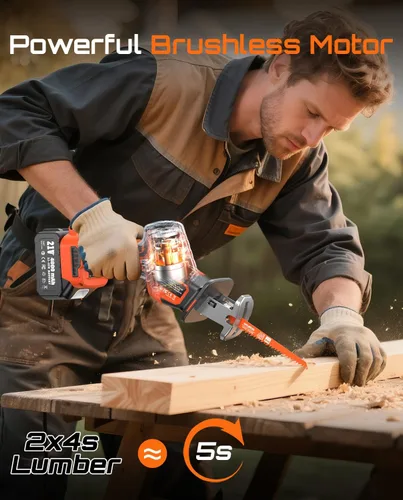Miniatura 2 de Sierra recíproca inalámbrica con 8 hojas - 2 baterías de 4000 mAh, motor sin escobillas, velocidad variable 0-3200 SPM, cambio de hoja sin Naranja