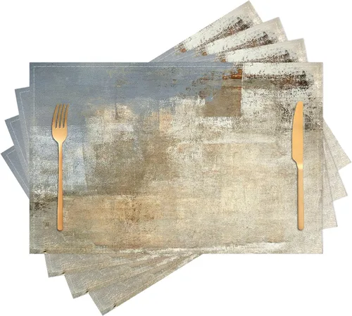 Beige Grey Placemats Place Mats Set of 4 Modern Abstract Art Kitchen Table Mats - Washable Wipeable Linen Cloth Heat Resistant Dining Placemats for