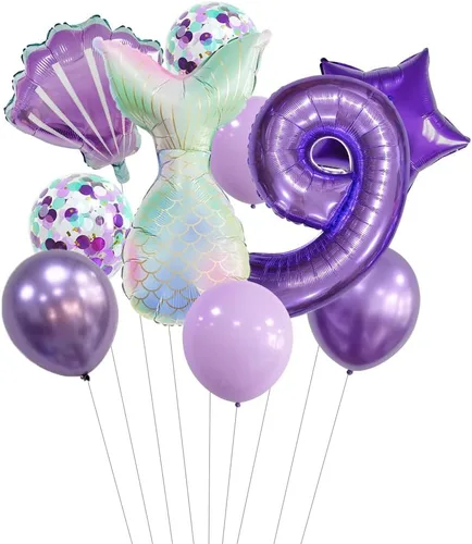 Miniatura 15 de 7 globos de sirena con números para fiesta de cumpleaños de 1, 2, 3, suministros de decoración de cola de sirena para niñas (número 0)