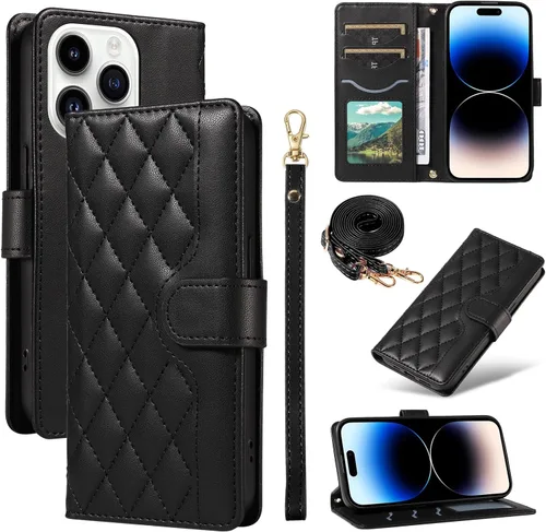 Funda tipo cartera compatible con iPhone 13 Pro Max, bolso de cuero con ranuras para tarjetas, correa de hombro cruzada con soporte, protector a