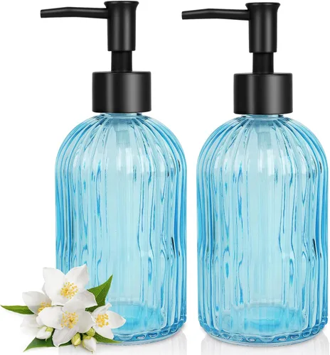 Miniatura 12 de Topsky Paquete de 2 dispensadores de jabón de vidrio con bomba de plástico negro, dispensador de jabón líquido de manos de 11.2 fl oz, bomba a