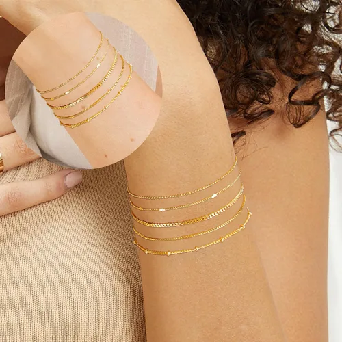 Miniatura 5 de Delicadas pulseras de oro para mujer, joyería de cadena de oro real de 14 quilates para mujer, impermeables, apilables, delgadas, con clip de papel