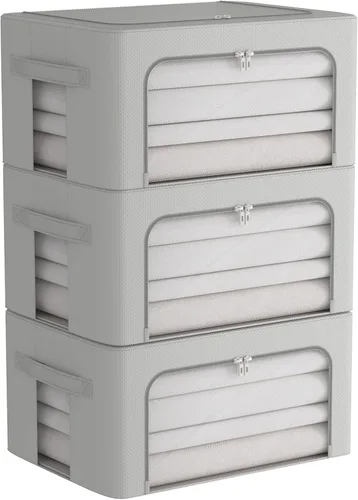 Miniatura 11 de Paquete de 3 cajas de almacenamiento con marco, bolsas de almacenamiento de ropa, tela Oxford, plegable, apilable, juego organizador con ventana