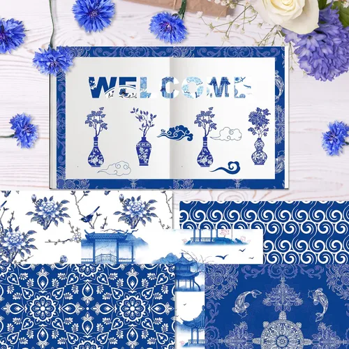 Miniatura 6 de Papel de álbum de recortes con patrón chinoiserie, 24 hojas de cartulina de doble cara de 12 x 12 pulgadas, papel decorativo para manualidades