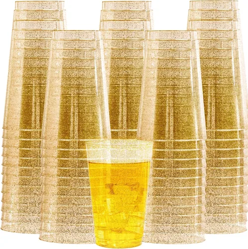 Miniatura 16 de I00000 Paquete de 100 vasos de plástico dorados de 14 onzas, vasos desechables de plástico con purpurina dorada, copas de vino desechables, copas