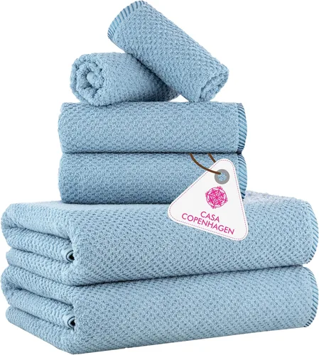 CASA COPENHAGEN Juego de 6 toallas de palomitas de maíz, color azul polvoriento, 21.16 oz/m², 2 toallas de baño, 2 toallas de mano y 2 toallas