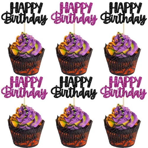 Miniatura 24 de Gyufise 24 piezas Adornos para pastel de cumpleaños con púas brillantes para magdalenas, para celebrar la decoración de pastel de fiesta temática