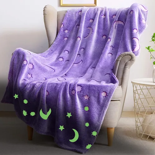 Miniatura 8 de Manta que brilla en la oscuridad para niñas, cumpleaños, color púrpura y rosa, luna y estrella, manta suave para niños, niñas pequeñas