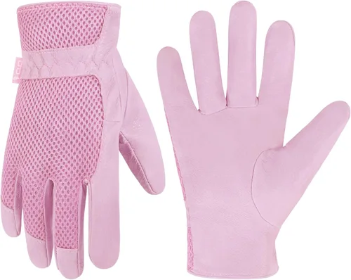 HANDLANDY Work Gloves for Women, Breathable Leather Gardening Glove for Yard Maintenance, Hand Protection with Touch Screen Rosa claro