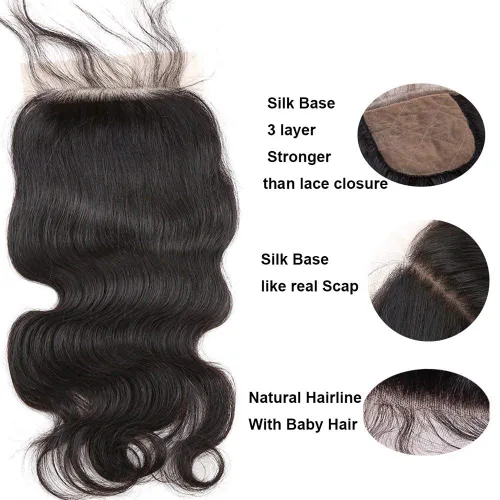 Miniatura 5 de Cabello humano con base de seda 4x4 con cierre de encaje con cabello de bebé, ondulado, cierre de cabello virgen brasileño, parte libre, color Parte