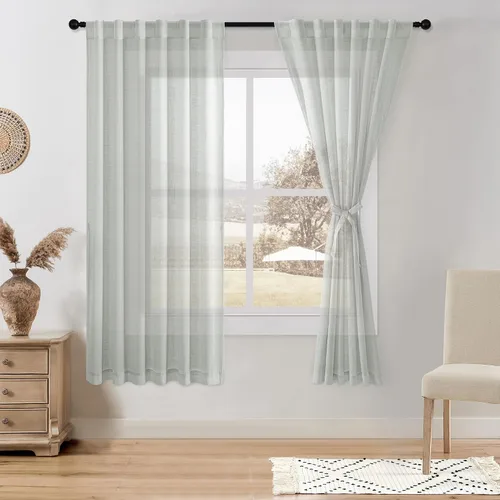 Miniatura 12 de DWCN Cortinas traslúcidas de lino floral, bolsillo para barra y pestaña trasera, cortina de mezcla de lino para dormitorio, sala de estar, cortinas