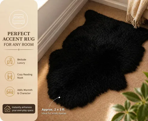 Miniatura 4 de Woolous Alfombra de piel de oveja negra, Nueva Zelanda, auténtica, de piel natural, esponjosa, para dormitorio, sala de estar
