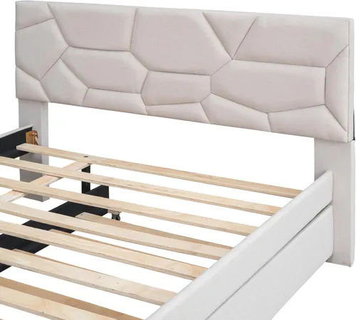 Miniatura 8 de Harper & Bright Designs Cama de plataforma tapizada de tamaño matrimonial con nido y cabecero, marco de cama tapizado de lino, no necesita somier