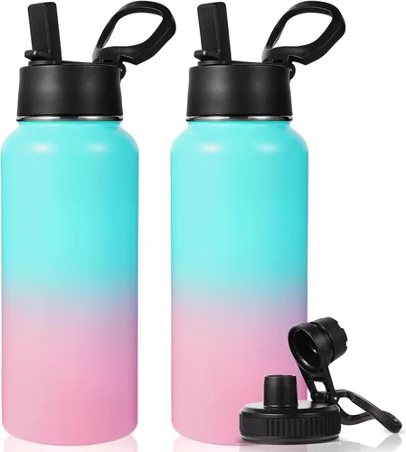 Miniatura 22 de Neihepal Botella de agua aislada de 32 onzas con 2 tapas (tapa con pajilla y boquilla), botellas de agua de doble pared de acero inoxidable 18/8