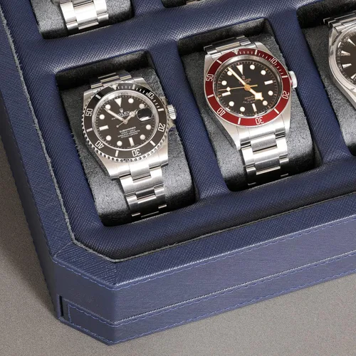 Miniatura 6 de ROTHWELL Caja de reloj de cuero con 12 ranuras con cajón de valet, organizador de exhibición de lujo de 12 ranuras, forro de microgamuza, soporte