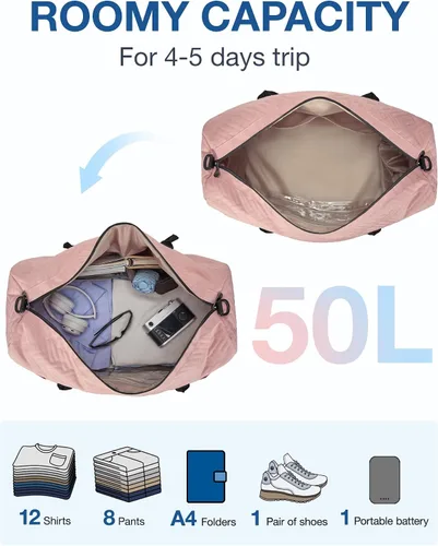 Miniatura 4 de BAGSMART - Bolsa de viaje grande, bolsa de mano para fin de semana, para hombres y mujeres, con compartimento para zapatos, rosa-2 piezas