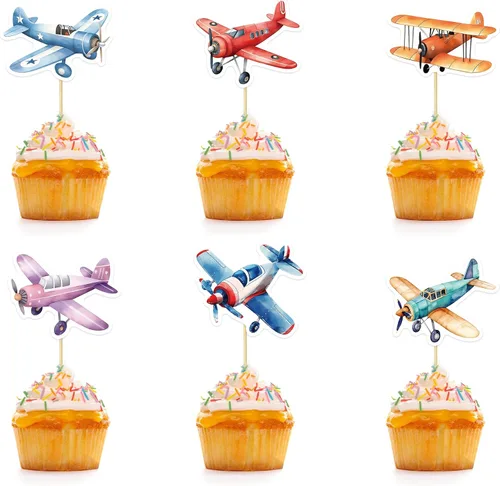 36 piezas de decoración para cupcakes de avión para niños, decoración para tartas de aviones, baby shower, fiesta de cumpleaños para combatientes de
