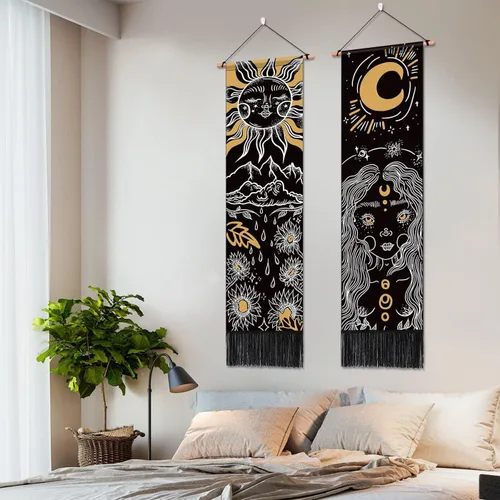 Miniatura 6 de ARTCREATOR Paquete de 2 tapices de sol y luna para colgar en la pared, tapiz estético vertical, arte misterioso, tapices largos para habitación