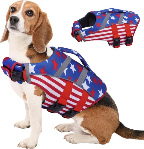 Miniatura 23 de Kuoser Chaleco salvavidas para perros con rayas reflectantes, chaleco salvavidas ajustable para mascotas con alta flotación, traje de baño