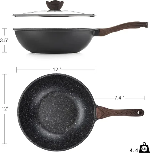 Miniatura 6 de Kordisen Wok antiadherente con tapa, woks y sartenes de 12 pulgadas, revestimiento de piedra de granito para cocinar, utensilios de cocina de Negro