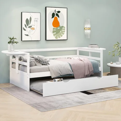 Quarte Sofá cama multifuncional de tamaño individual con nido y estantes plegables en ambos lados, sofá cama con marco de madera y listones, para