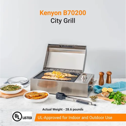 Miniatura 2 de Kenyon B70200 City Grill, parrilla portátil, acero inoxidable, quemador único, control de perilla, tapa facetada, aprobado por UL