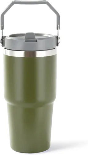 Miniatura 15 de Vaso de 20 onzas con asa, vaso aislado con tapa y popote abatible a prueba de fugas, de acero inoxidable de doble pared, taza de café de viaje