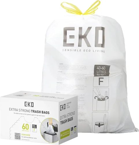 Miniatura 10 de EKO 4 galones / 10-15 litros, 80 bolsas de basura pequeñas con cordón, bolsas de basura extrafuertes sin perfume, rollo fácil de dispensar
