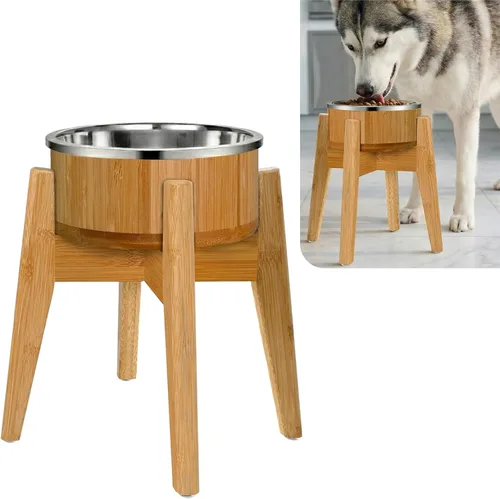Miniatura 12 de Cuencos elevados para perros para razas grandes, soporte elevado de bambú (15 pulgadas de alto) con plato de acero inoxidable, adecuado