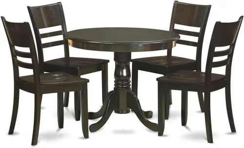 East West Furniture ANLY5-CAP-W - Juego de muebles de comedor de 5 piezas que incluye una mesa de comedor redonda con pedestal y 4 sillas de asiento