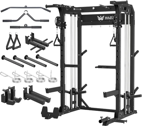 MAJOR FITNESS F22 Power Rack, 1600lbs - Estante para sentadillas todo en uno con sistema de polea doble, marco de acero resistente, accesorios y