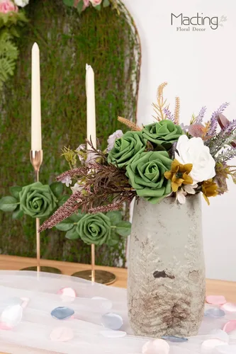 Miniatura 4 de MACTING 30 piezas de flores de rosas artificiales de toque real con tallo, flores falsas de espuma verde para bricolaje, ramo de novia, fiesta, baby