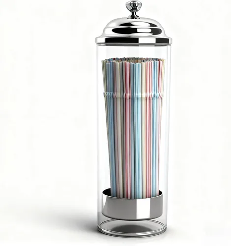 Dispensador de pajitas de vidrio vintage con parte superior elevadora de acero inoxidable, recipiente de paja estilo fuente de soda retro para