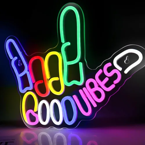 Good Vibes - Letrero de neón regulable con interruptor de encendido/apagado, letreros de neón alimentados por USB para decoración de pared, letreros
