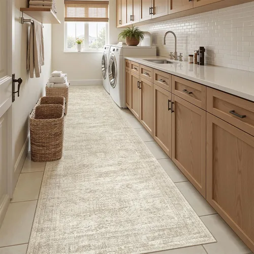 Miniatura 9 de Alfombra de pasillo Soalmost 2'6" x 10' lavable, alfombra antideslizante para cocina, baño, lavandería, alfombras vintage ultra delgadas para Beige