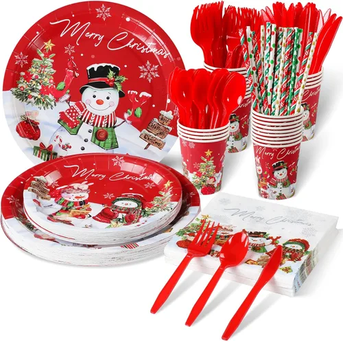 Suministros de fiesta de muñeco de nieve de Navidad sirve para 25, juego de platos y servilletas de muñeco de nieve de Navidad, platos de papel