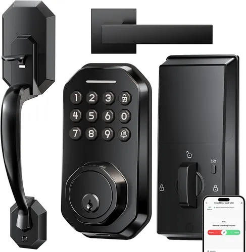 Ulecoce Cerradura de puerta inteligente WiFi para puerta delantera, cerradura de puerta de entrada sin llave con control de aplicación, juego de