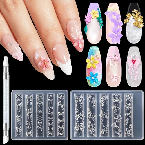 Miniatura 10 de modelones Moldes de silicona para arte de uñas, 7 moldes de flores 3D con bolígrafo de tallado, plantillas de modelado transparentes, flores