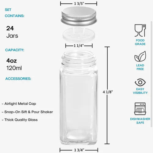Miniatura 2 de AOZITA 24 frascos de vidrio para especias con etiquetas - botellas cuadradas vacías para especias de 4 onzas, recipientes, recipiente