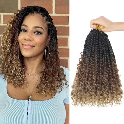 Miniatura 20 de Goddess Box Braids - Trenzas de cabello a ganchillo con extremos rizados, trenzas de caja bohemianas de 16 pulgadas, trenzas de ganchillo, 8 1B-4-30
