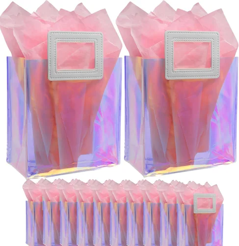 Caleihd 12 bolsas de regalo holográficas transparentes con papel de seda, 7.9 x 7.1 x 3.9 pulgadas con asas, bolsas de golosinas, para Navidad,