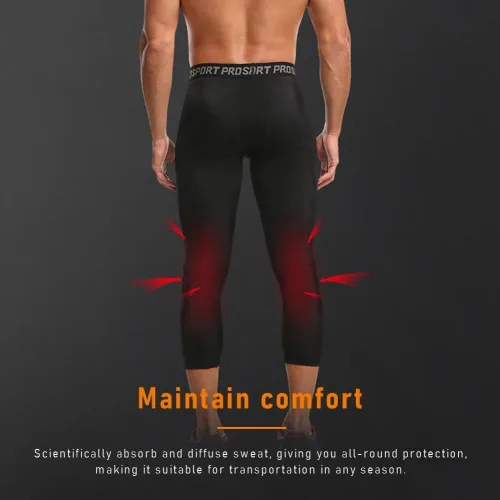 Miniatura 9 de Paquete de 2 pantalones de baloncesto para hombre con rodilleras 3/4 capri acolchadas, mallas de compresión deportivas, capa base atlética