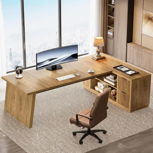Miniatura 8 de Tribesigns Escritorio en forma de L de 78 pulgadas con cajones, escritorio ejecutivo grande con archivador y estantes, mesa de esquina moderna