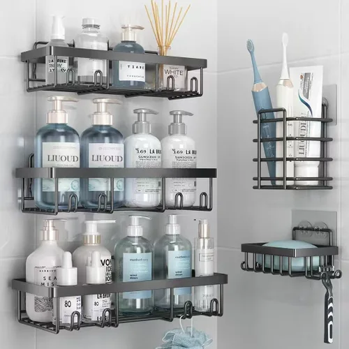 Miniatura 11 de Liuoud Juego de 5 Organizadores de Ducha Adhesivos para Pared, Estante para Interior de Ducha, Cesta de Almacenamiento de Baño Inoxidable Resistente