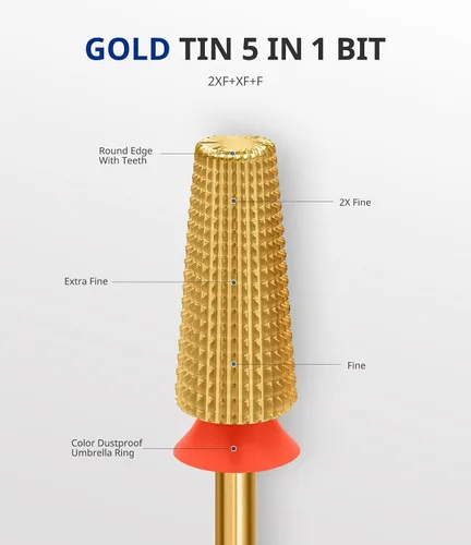 Miniatura 5 de AIRSEE Broca de carburo de tungsteno 5 en 1 para uñas acrílicas, lima eléctrica Efile, punta de cabeza para manicura, pulido rápido, quitar gel, Oro