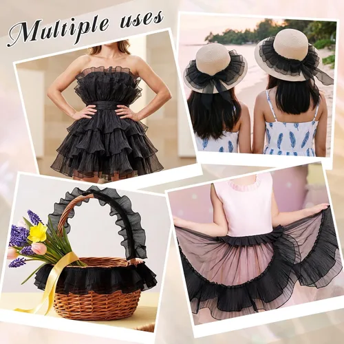 Miniatura 5 de Ganeen Cinta iridiscente plisada con volantes de 16 yardas, color negro, doble capa de medusas, organza con volantes, tela de encaje de tul retro