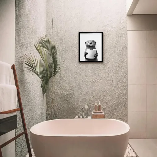 Miniatura 8 de Arte de pared enmarcado para baño, arte de pared divertido para decoración de baño, impresiones artísticas de animales de foca sosteniendo pañuelo