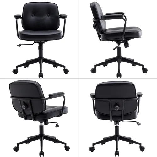 Miniatura 10 de LukeAlon Silla de escritorio ajustable de piel sintética, silla giratoria de 360° negra con reposabrazos, asiento grueso, botones y ruedas