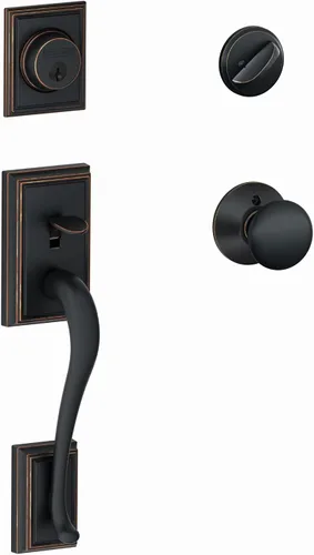 Juego de manijas para puerta de entrada con pomo Plymouth con moldura Addison en bronce envejecido